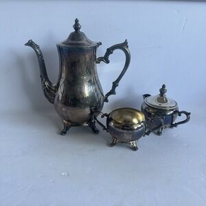 Vintage WM Roger's‎ Silver Plated Tea Pot With Creamer And Sugar Bowl Lot Of 3